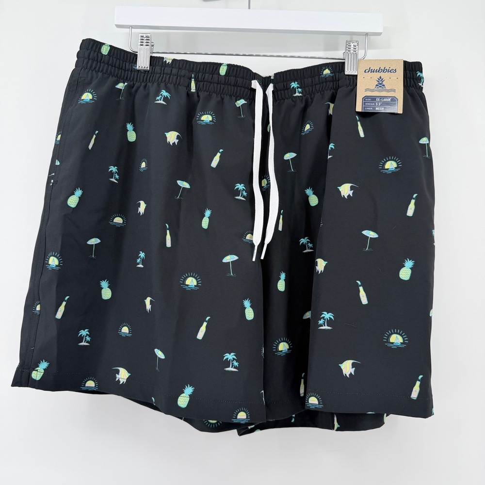 NWT Chubbies Men XXL 5.5" Inseam Swim Trunks Black Neon The Beach Essentials